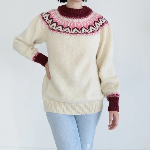 Vintage Handmade Grandma Cream Knit Pink Fair Isle Icelandic Fisherman Sweater M - Picture 1 of 13